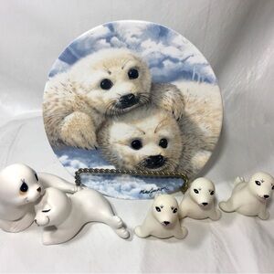 Vintage White Harp Seals Lot Ceramic Figurine Mother & Baby Set Plate Collection